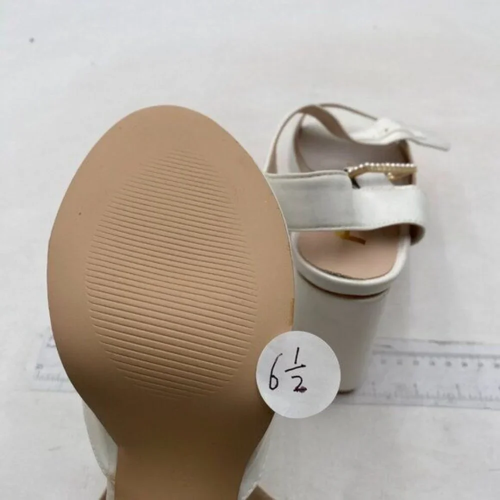 FSJ White Platform Block Heel Sandals with Rhinestone Buckle